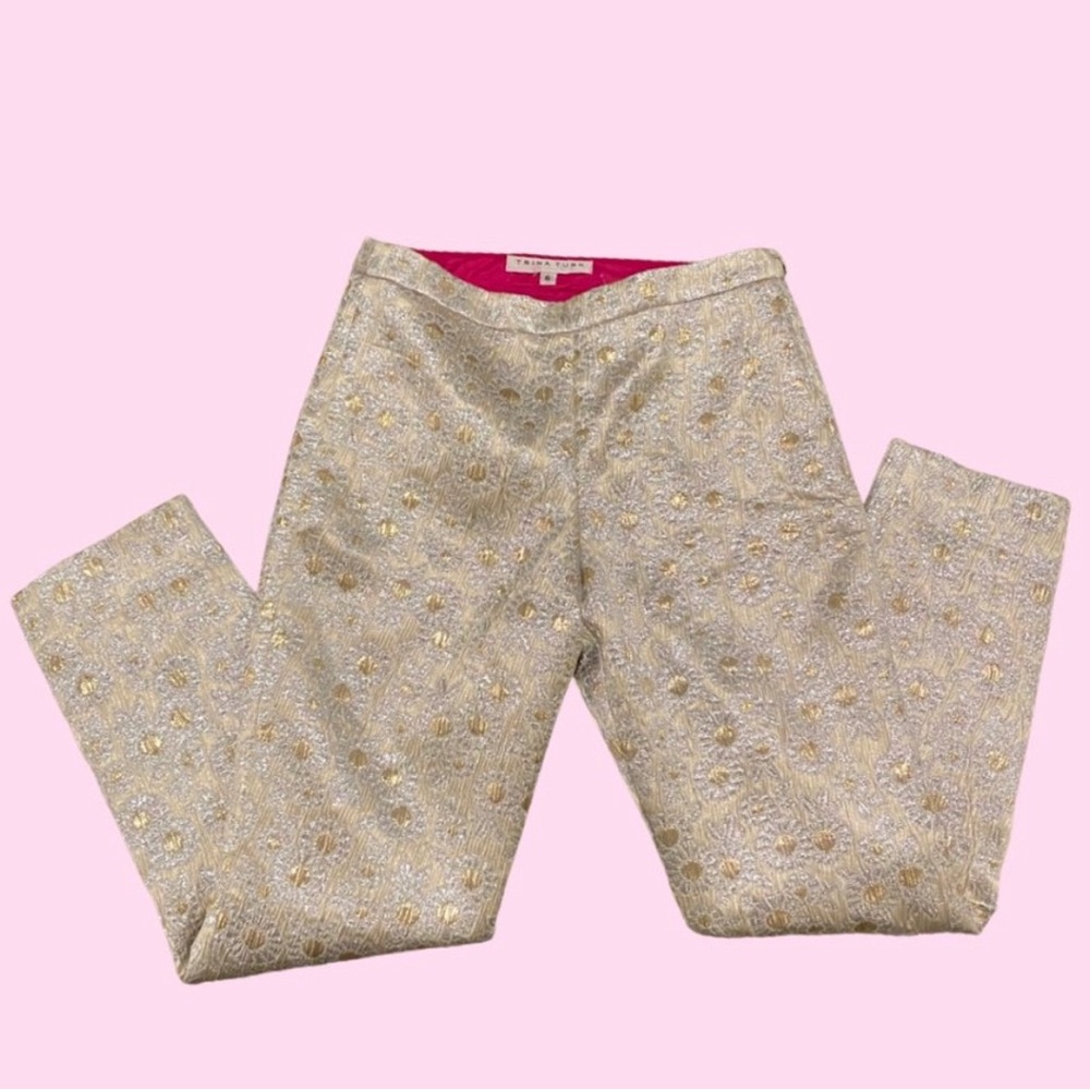 Trina Turk Osmond Jacquard Flower Gold Silver Lined High Waisted Ankle Pants